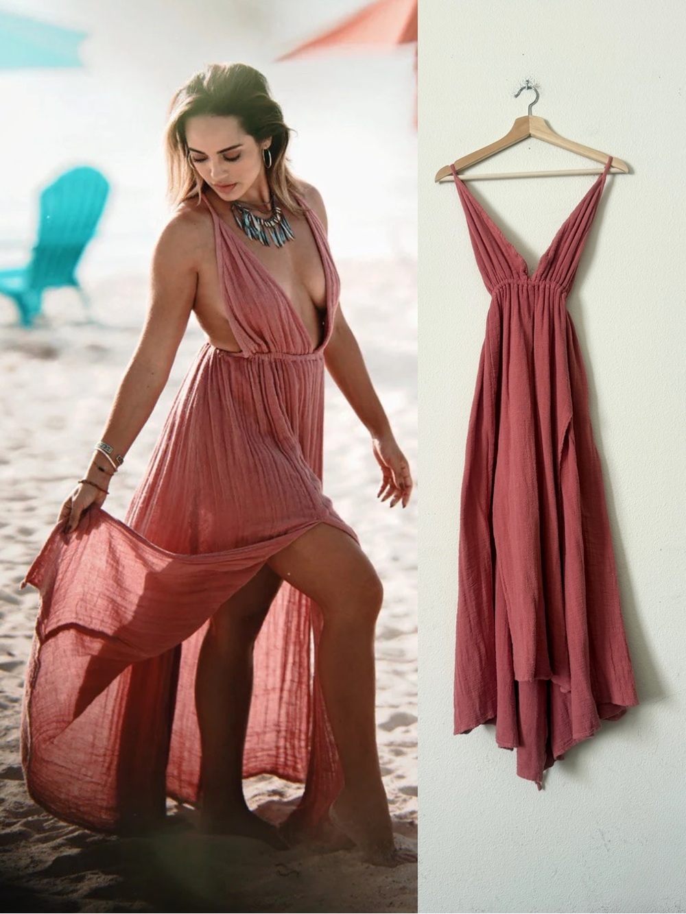 Oceana Tulum ONE SIZE Zoe boho strappy plunge neck slit hem gauze dress